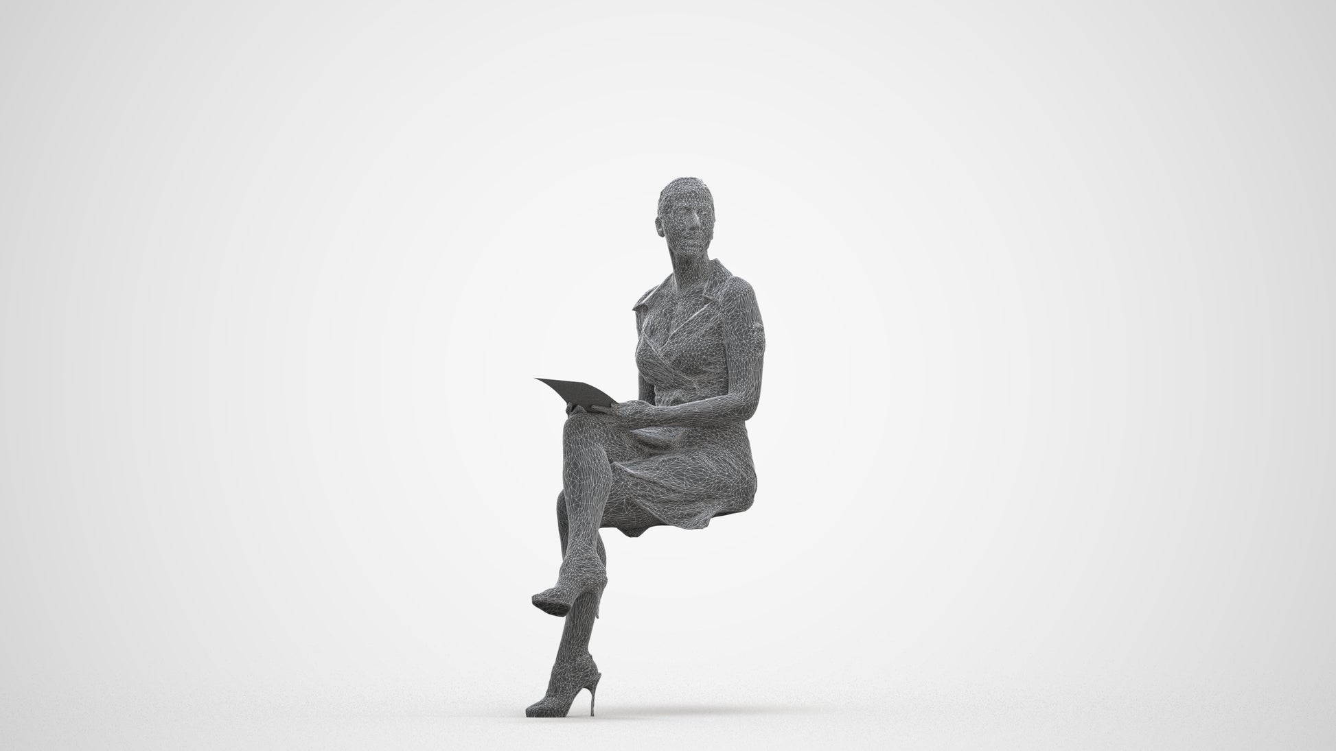 3D scanned woman sitting business, photorealistic archviz people for Enscape and SketchUp, three-quarter front view render