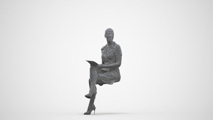 3D scanned woman sitting business, photorealistic archviz people for Enscape and SketchUp, three-quarter front view render