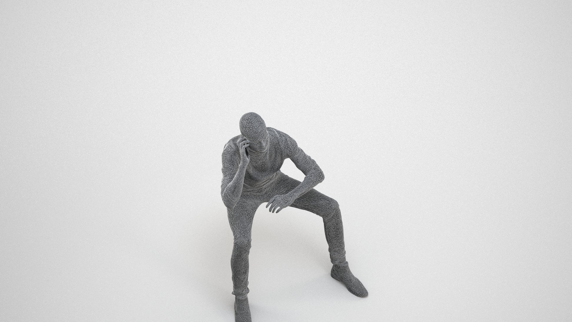 3D human model man casual business, photogrammetry scanned person for archviz, wireframe three-quarter view