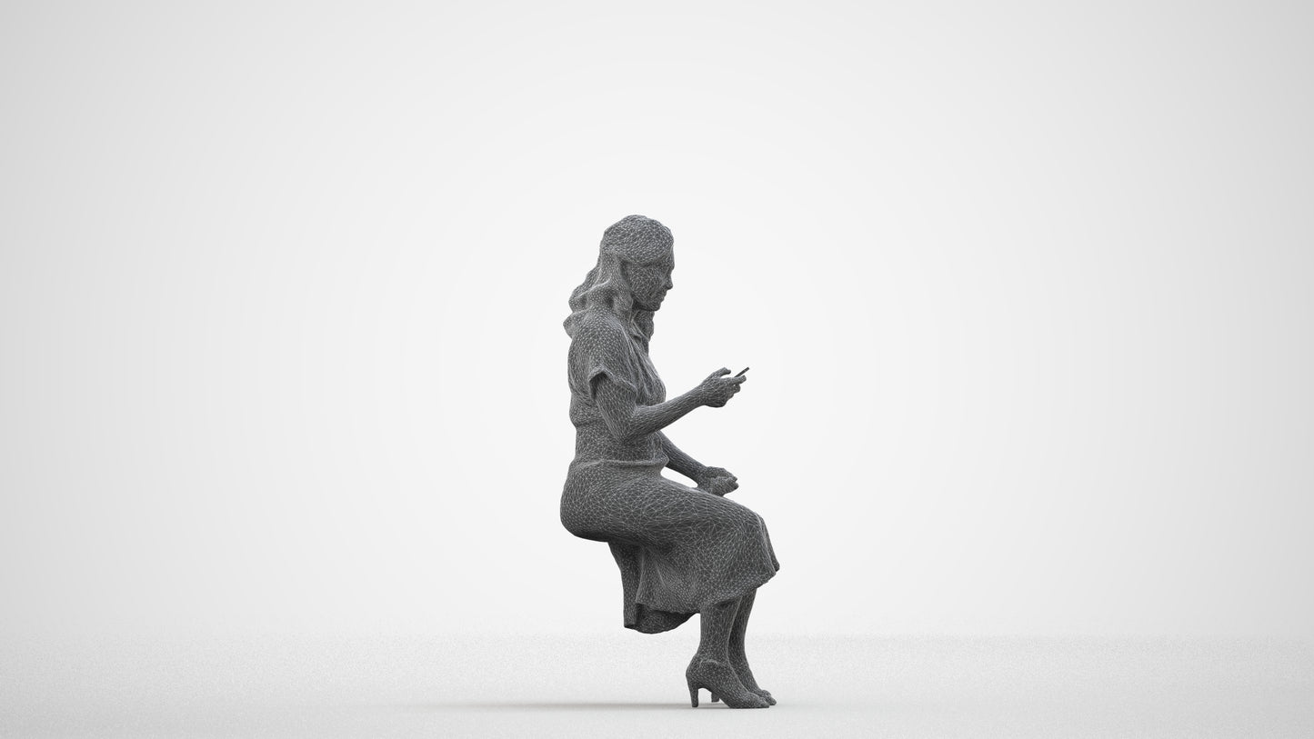 realistic 3D people woman casual sitting, render-ready for V-Ray and Corona, FBX OBJ, wireframe side view