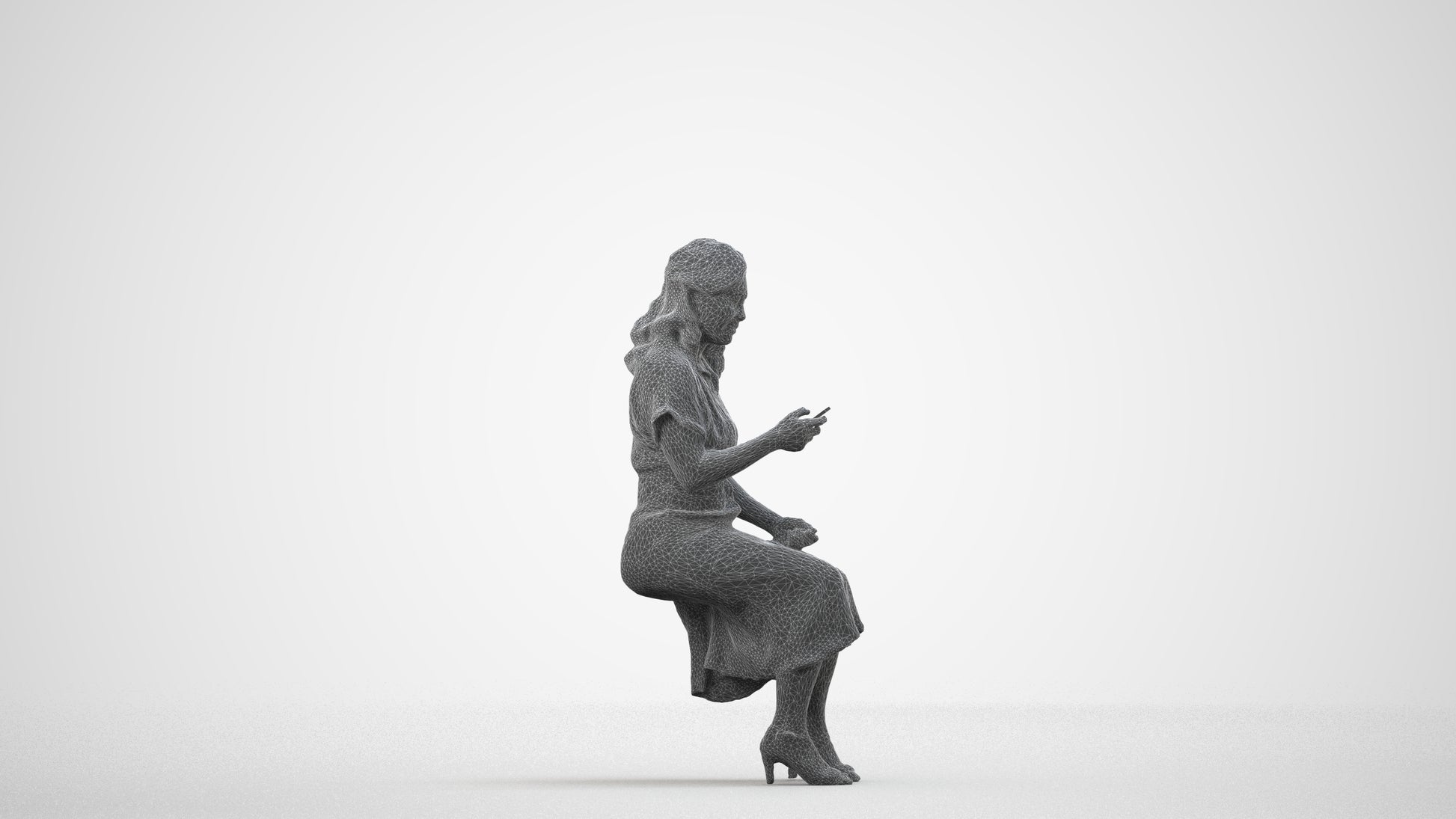 realistic 3D people woman casual sitting, render-ready for V-Ray and Corona, FBX OBJ, wireframe side view