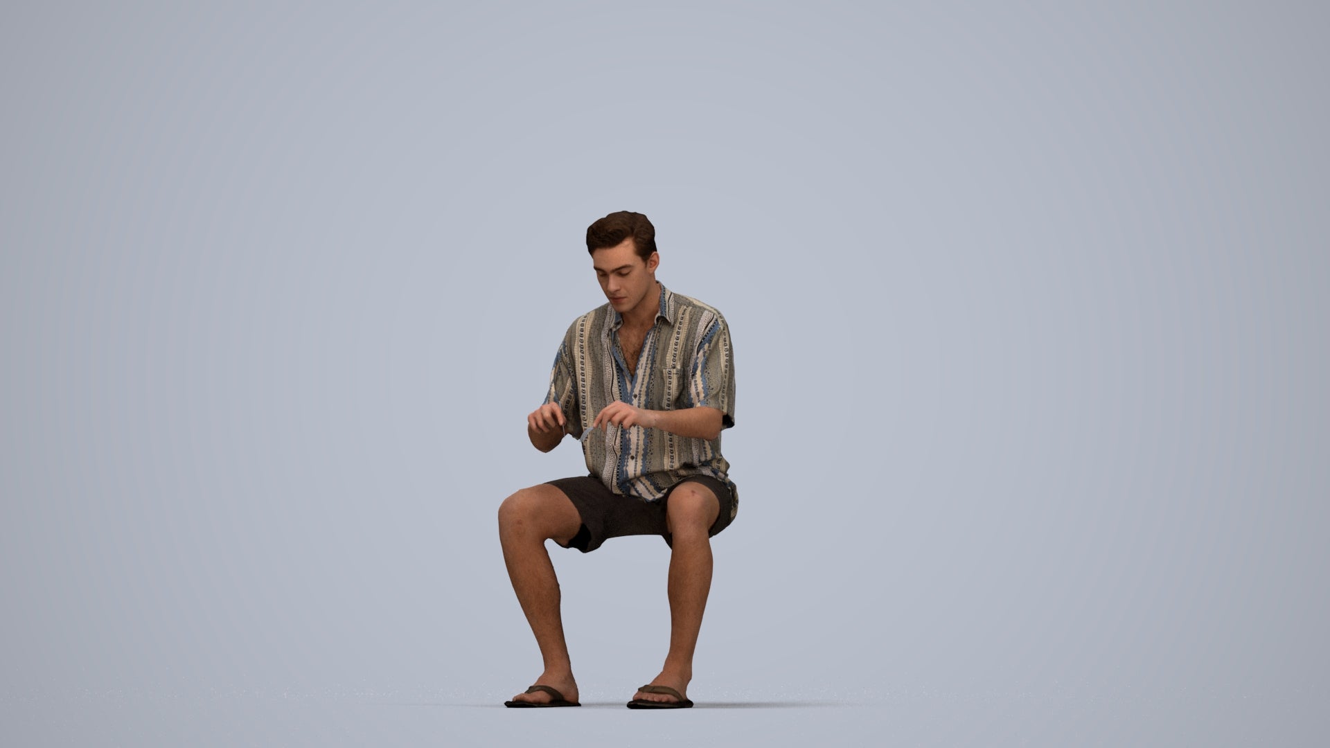 3D human model man casual sitting, photogrammetry scanned person for archviz, top-down view render