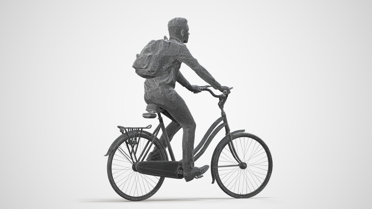 realistic 3D human boy business cycling, archviz people FBX OBJ for Blender, wireframe side view