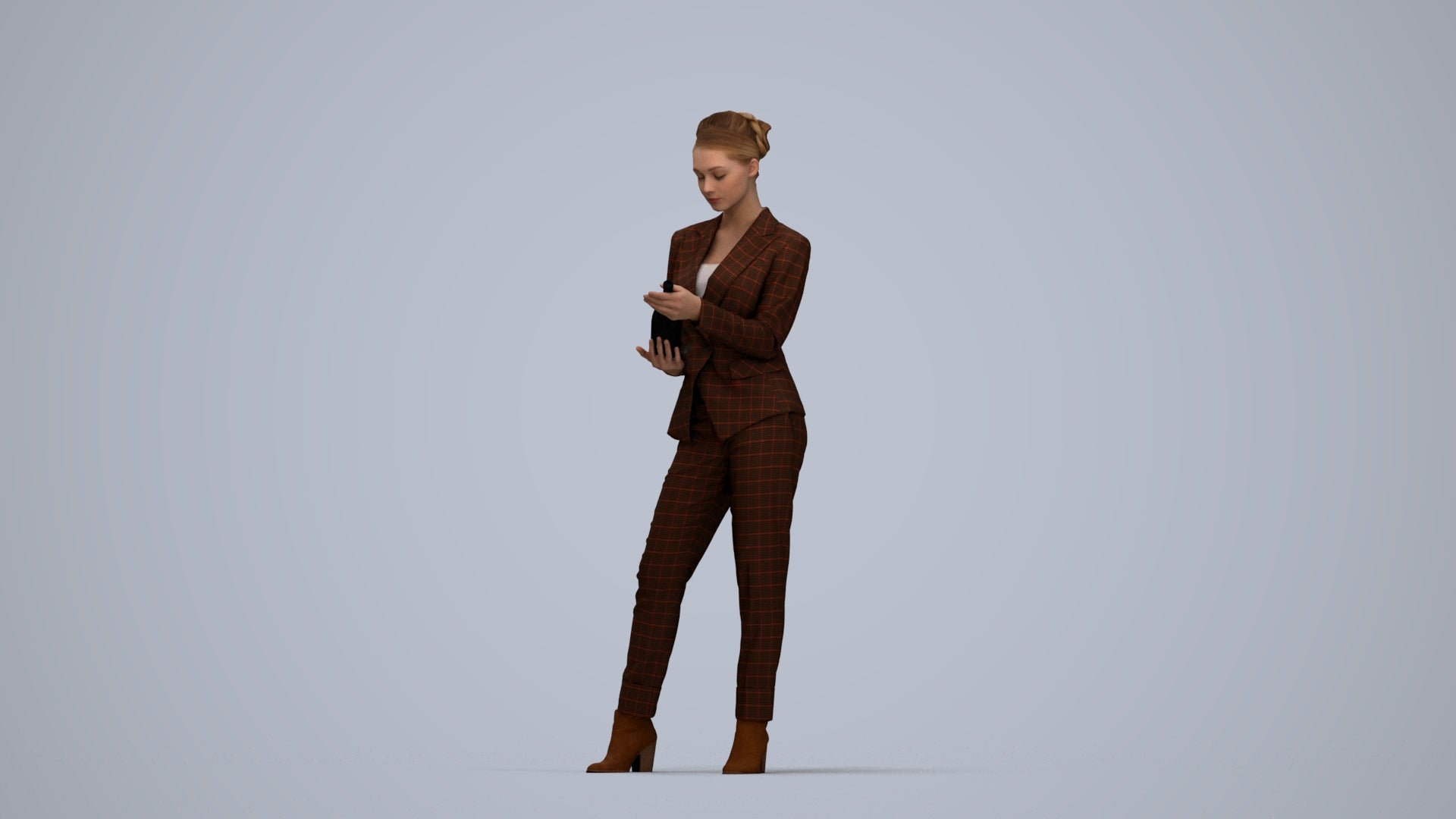 realistic 3D human woman business standing, archviz people FBX OBJ for Blender, top-down view render