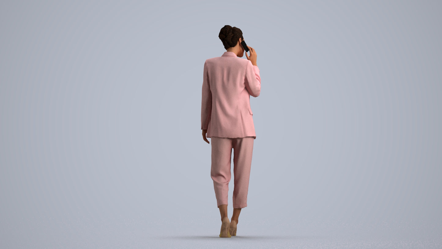 3D human model woman business walking, photogrammetry scanned person for archviz, front view render