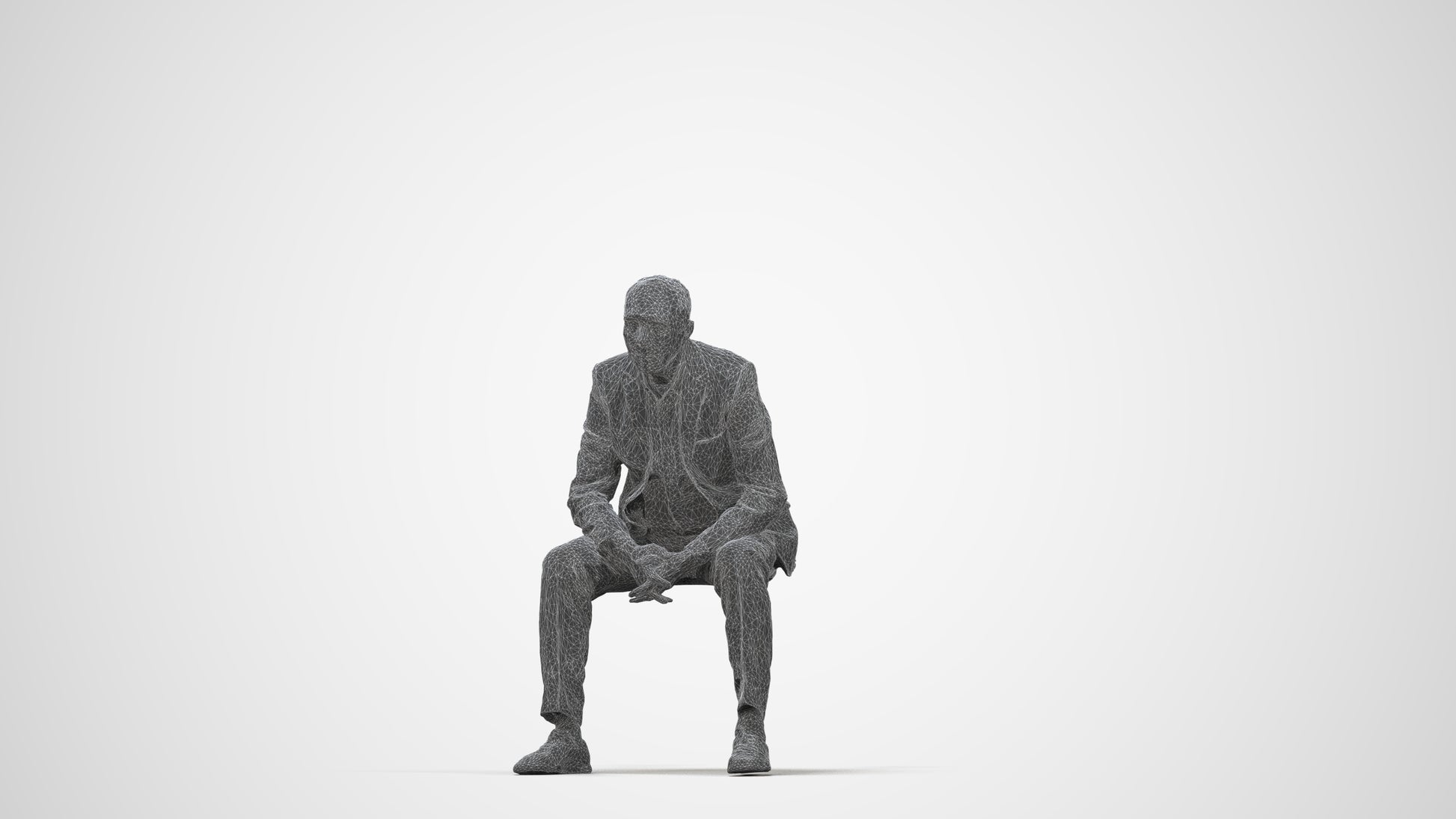 3D human model senior man business sitting, photogrammetry scanned person for archviz, wireframe back view