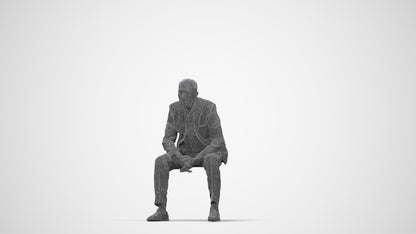 3D human model senior man business sitting, photogrammetry scanned person for archviz, wireframe back view