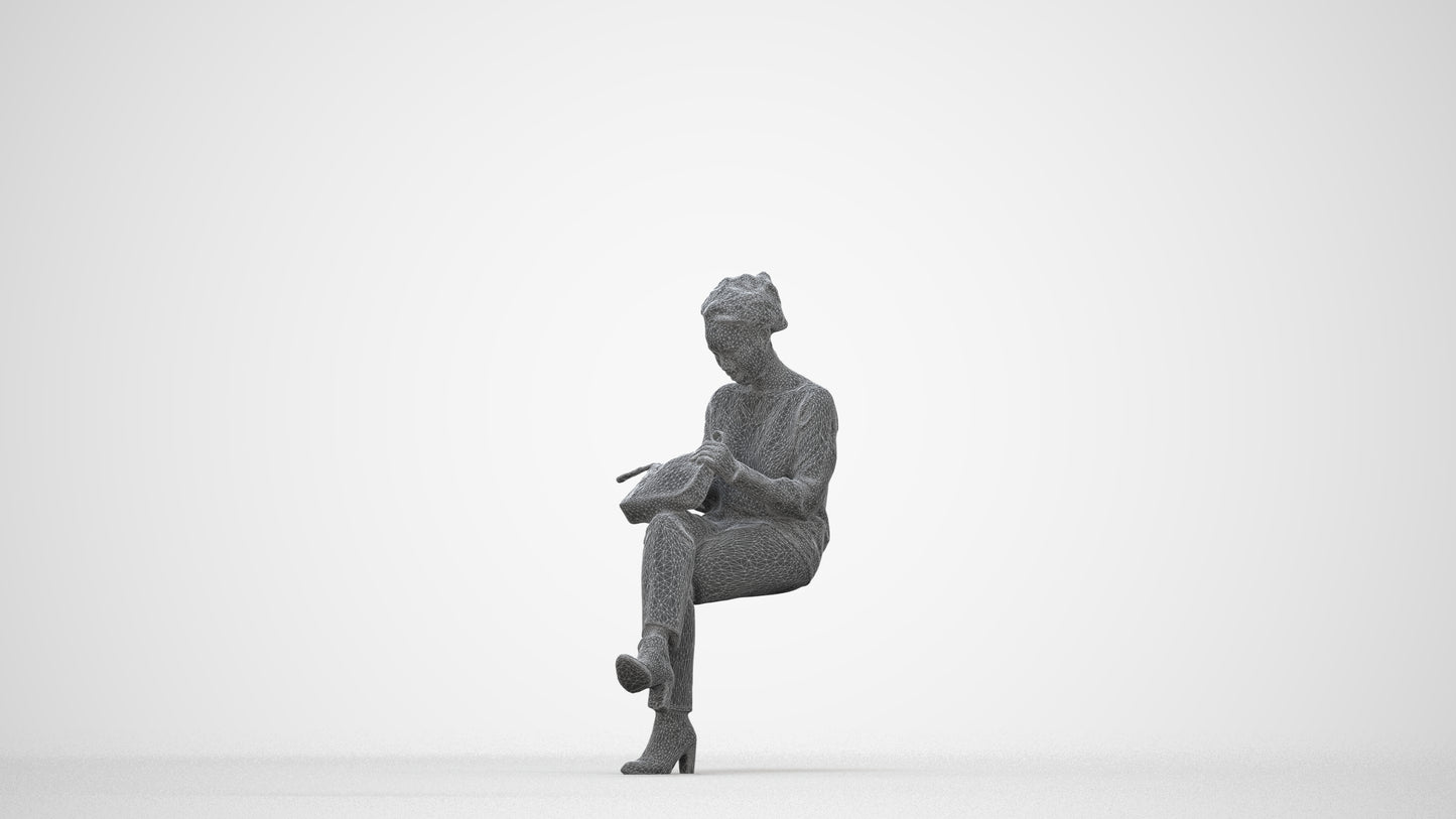realistic 3D human woman casual sitting, archviz people FBX OBJ for Blender, wireframe back view