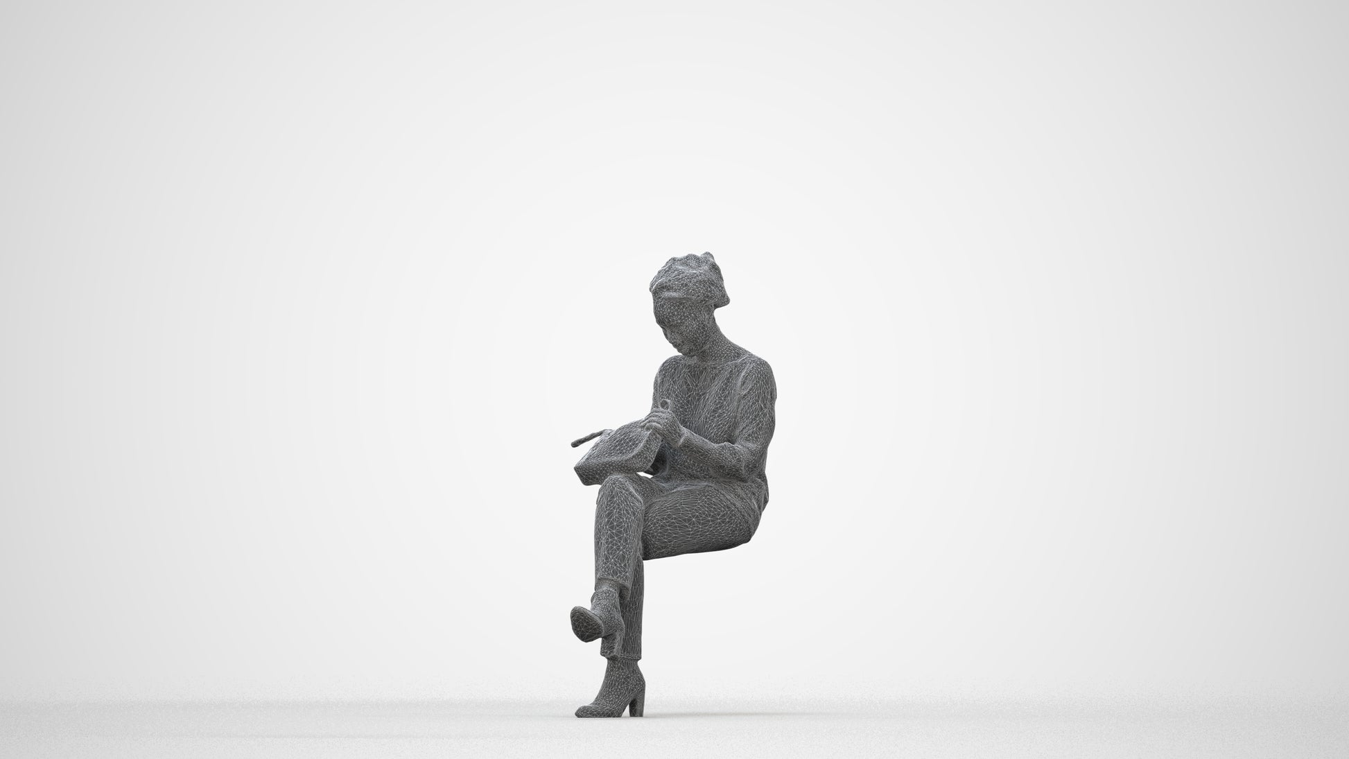 realistic 3D human woman casual sitting, archviz people FBX OBJ for Blender, wireframe back view