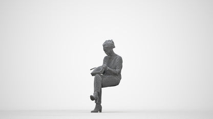 realistic 3D human woman casual sitting, archviz people FBX OBJ for Blender, wireframe back view