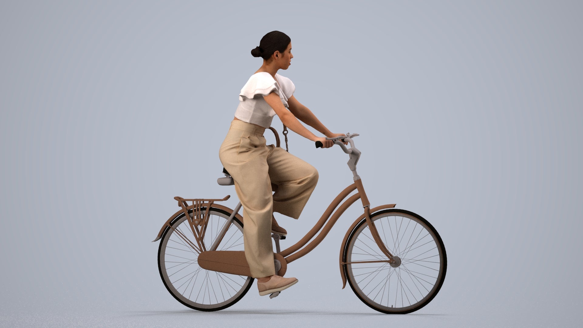3D scanned woman cycling business, photorealistic archviz people for Enscape and SketchUp, side view render