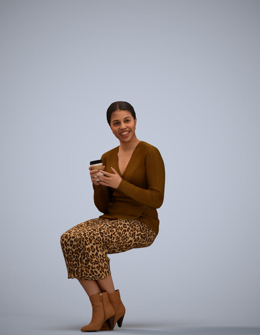 3D scanned woman sitting casual, photorealistic archviz people for Enscape and SketchUp