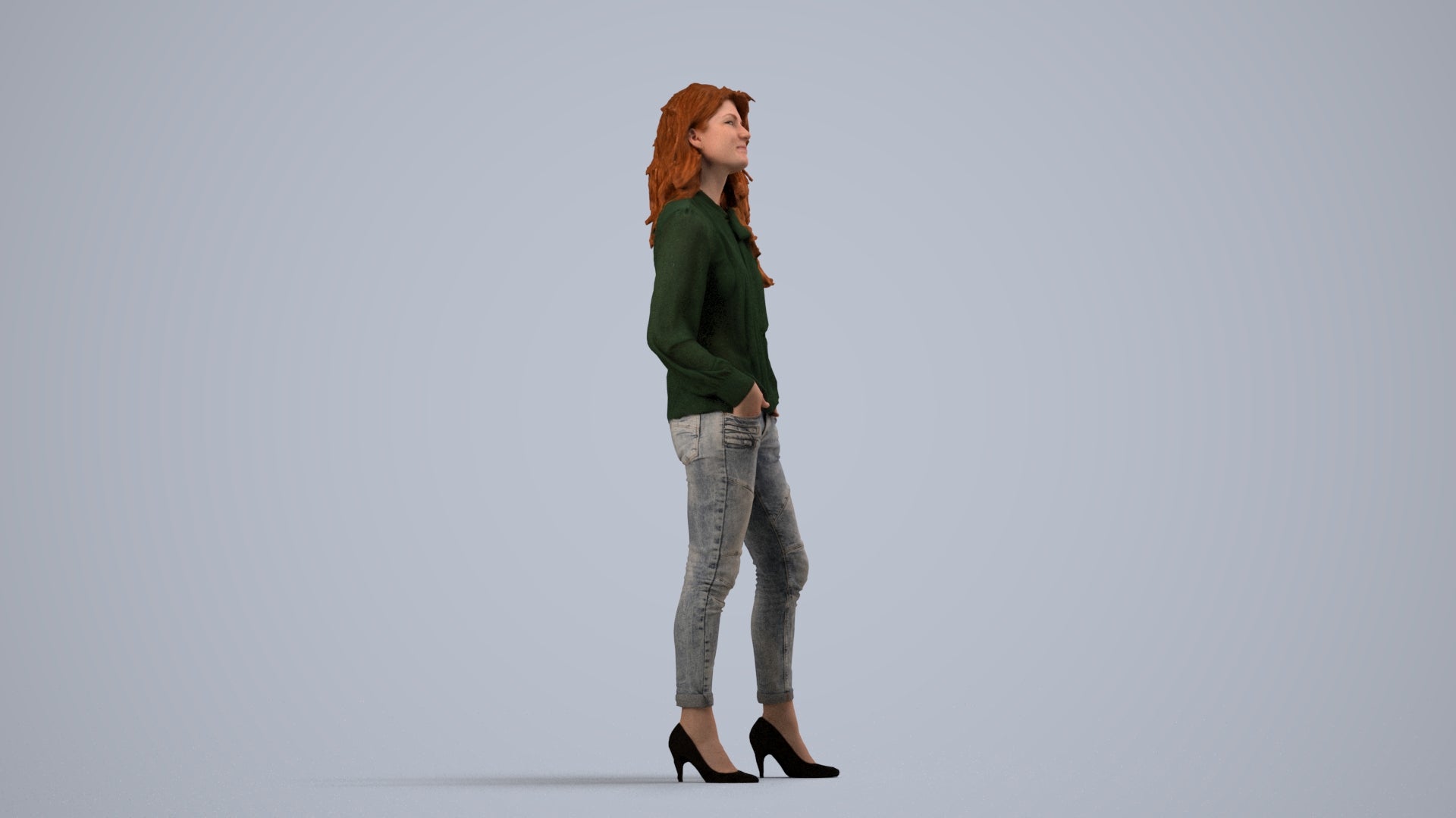 realistic 3D people woman casual standing, render-ready for V-Ray and Corona, FBX OBJ, side view render