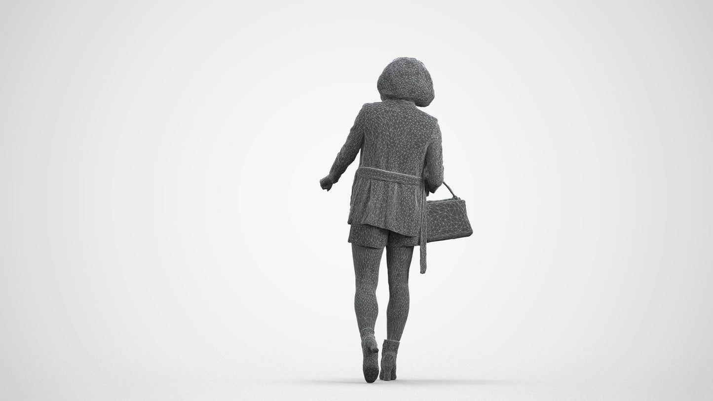 3D human model woman casual shopping, photogrammetry scanned person for archviz, wireframe front view