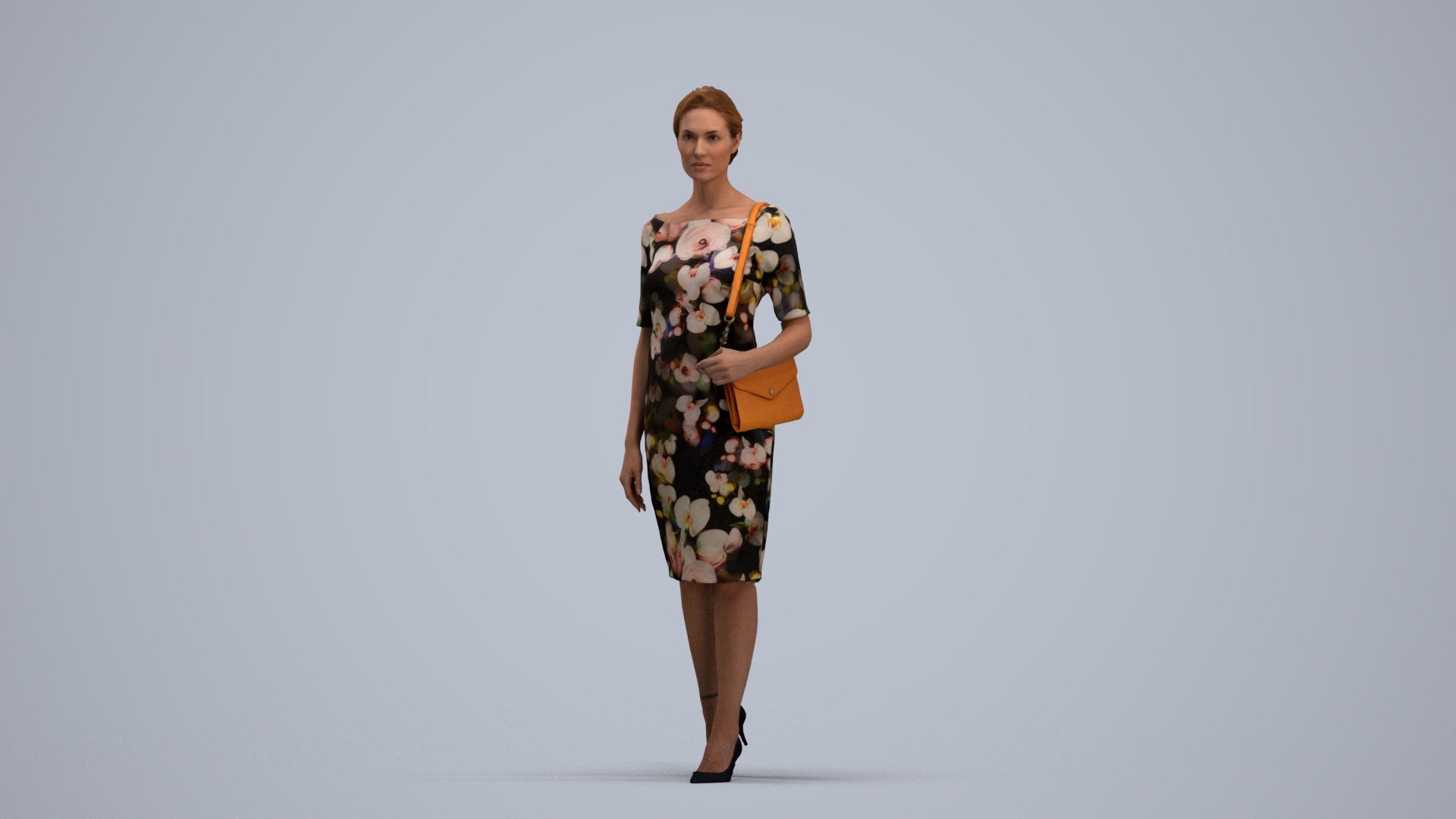 realistic 3D woman casual walking, scanned archviz people for Blender and 3ds Max, standing pose render