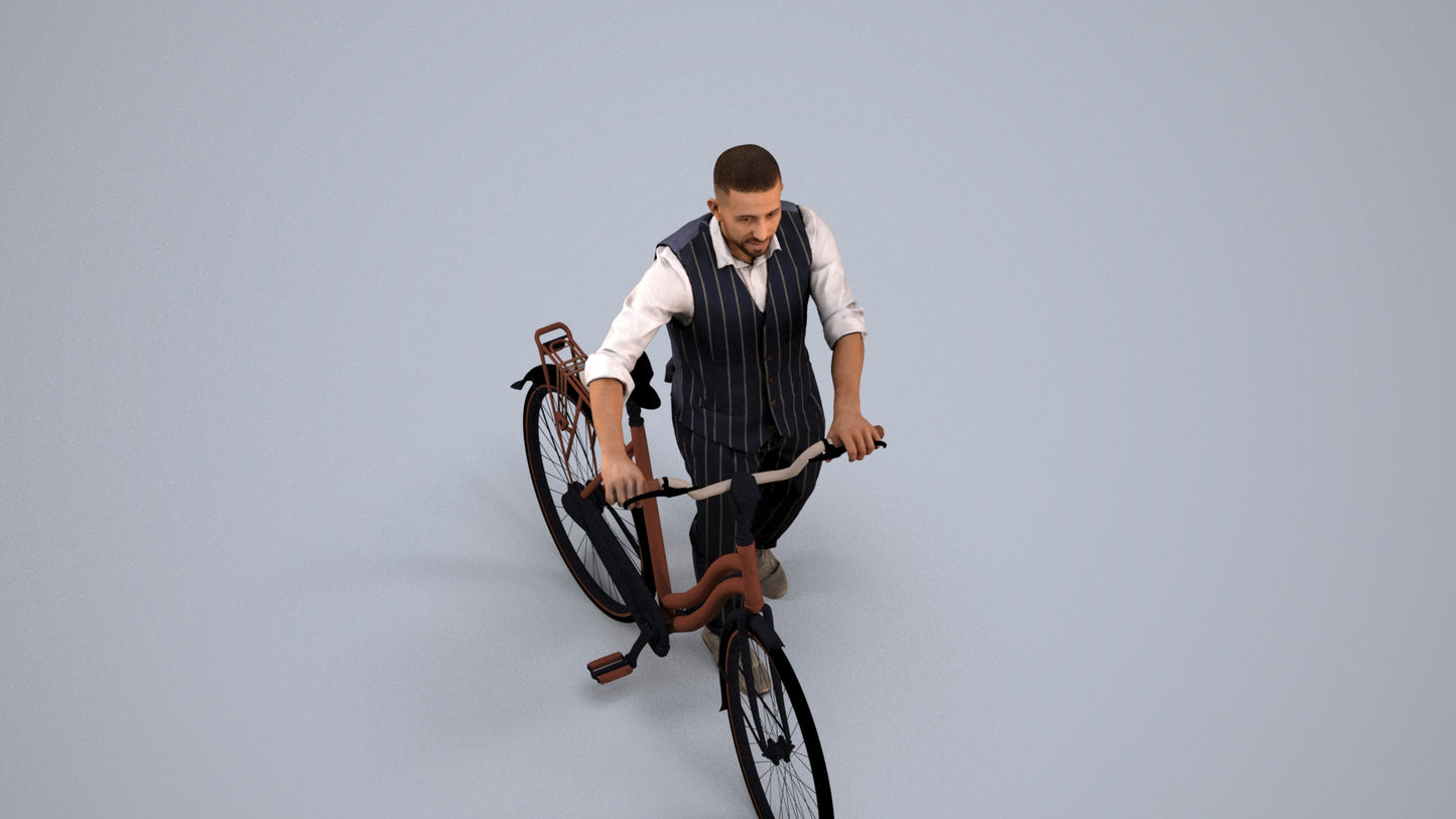 3D human model man business cycling, photogrammetry scanned person for archviz, back view render