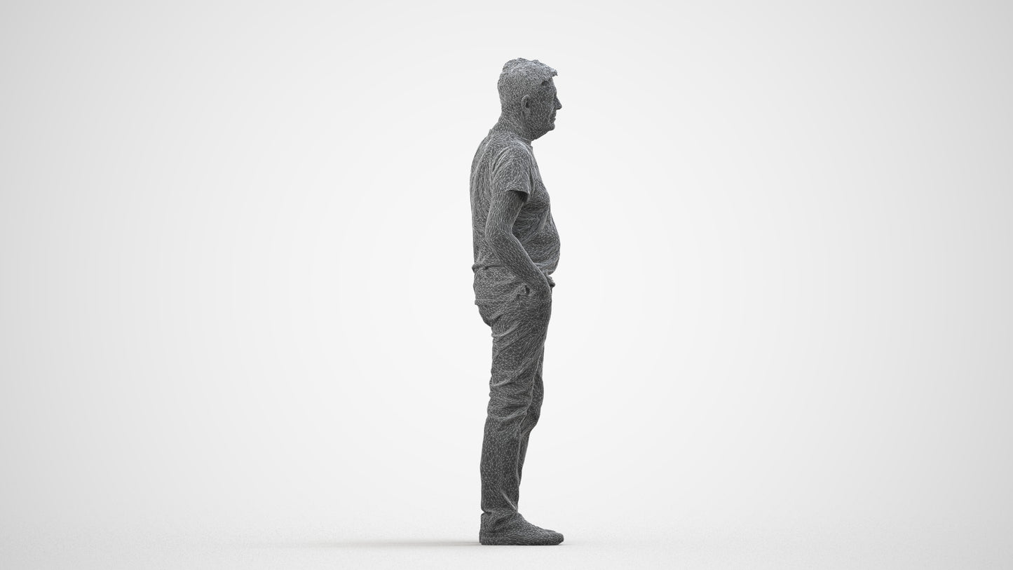 3D human model senior man casual standing, photogrammetry scanned person for archviz, wireframe side view