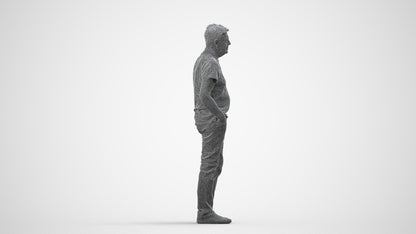 3D human model senior man casual standing, photogrammetry scanned person for archviz, wireframe side view