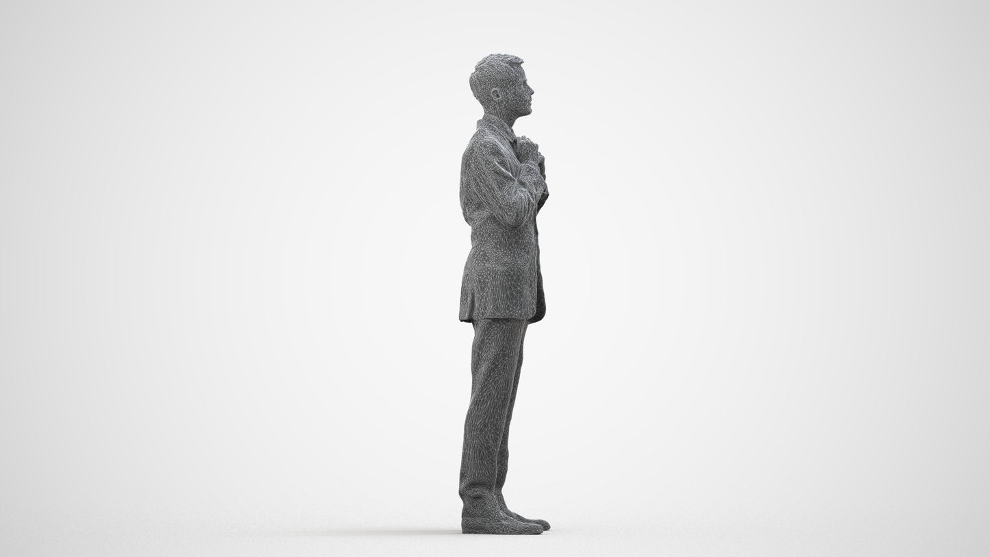 3D human model man business, photogrammetry scanned person for archviz, wireframe side view
