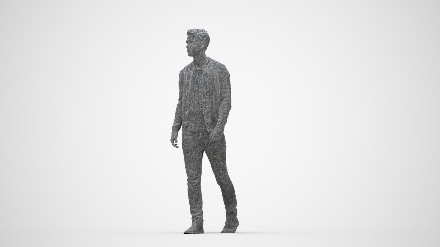 realistic 3D human man casual walking, archviz people FBX OBJ for Blender, wireframe back view