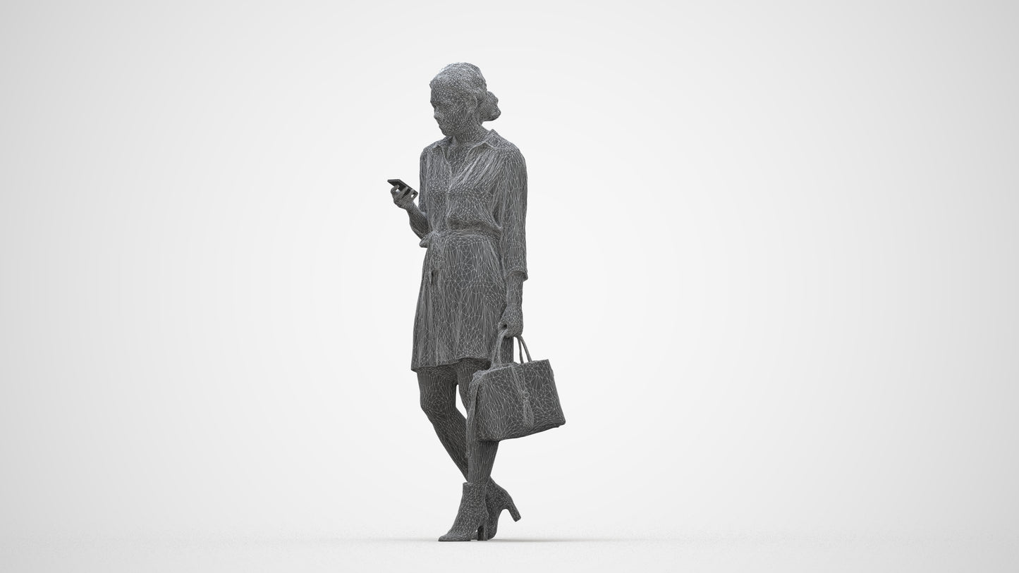 realistic 3D woman casual walking, scanned archviz people for Blender and 3ds Max, wireframe back view
