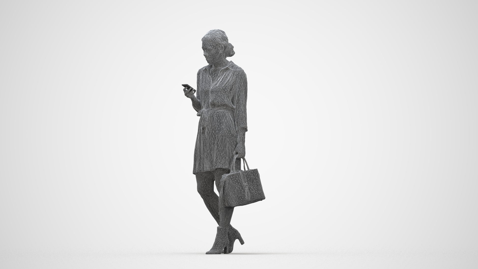 realistic 3D woman casual walking, scanned archviz people for Blender and 3ds Max, wireframe back view