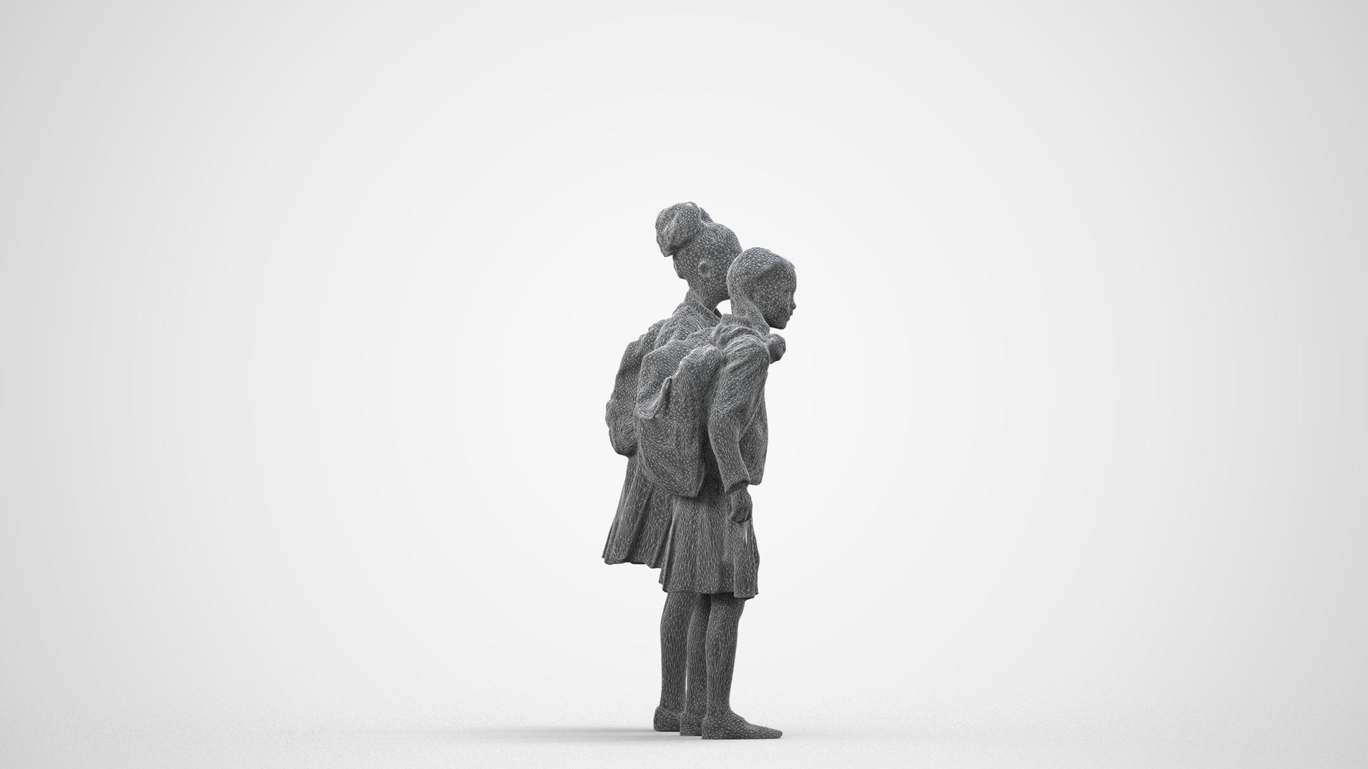 realistic 3D girl kids, scanned archviz people for Blender and 3ds Max, wireframe side view