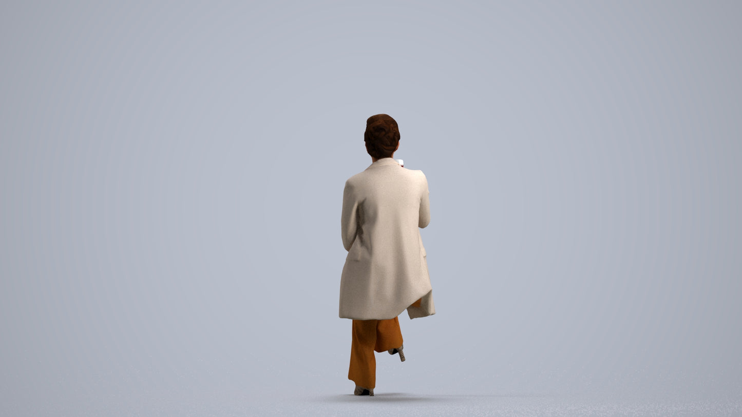 3D human model woman business sitting, photogrammetry scanned person for archviz, front view render