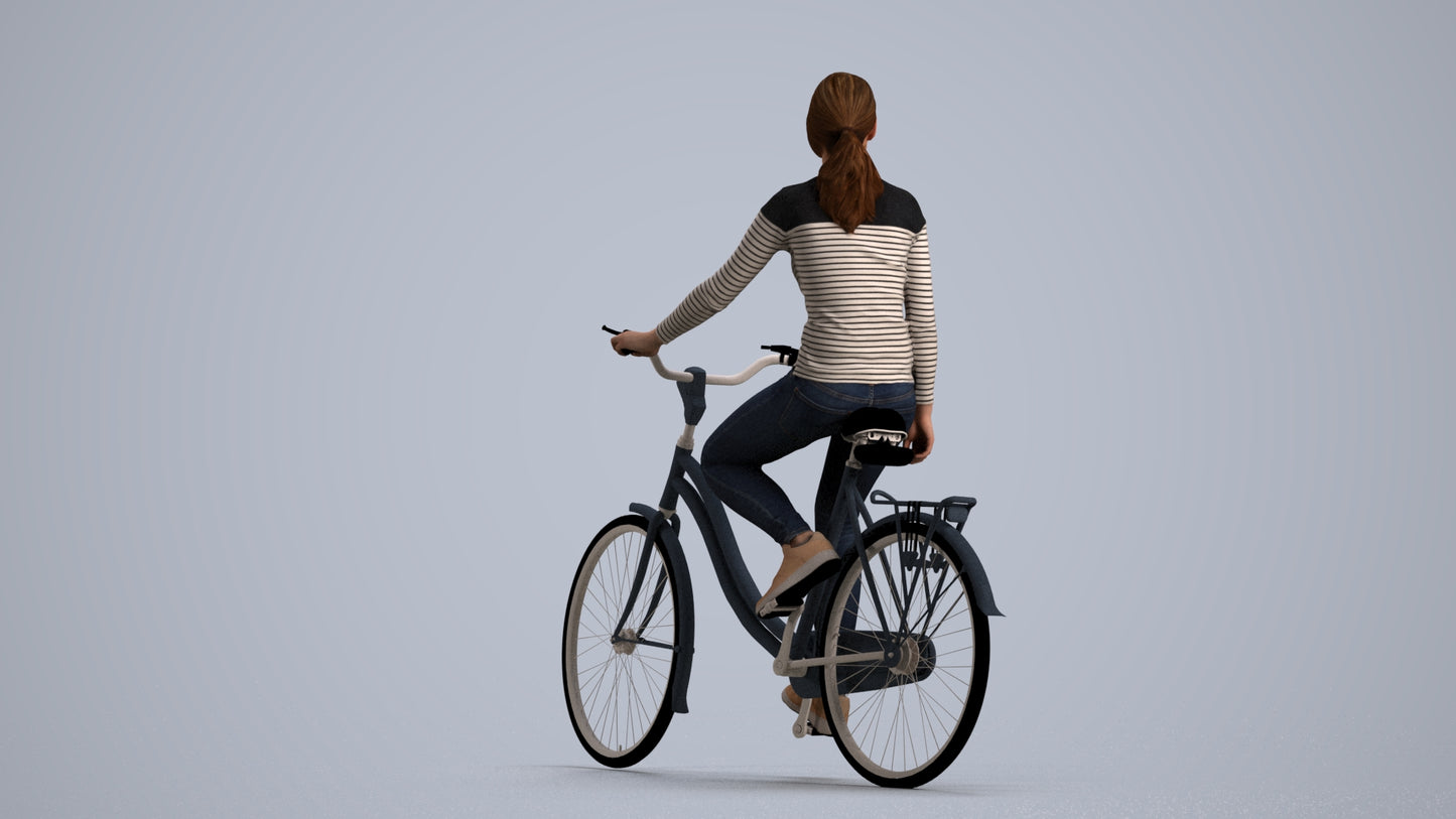 realistic 3D human woman casual cycling, archviz people FBX OBJ for Blender, front view render