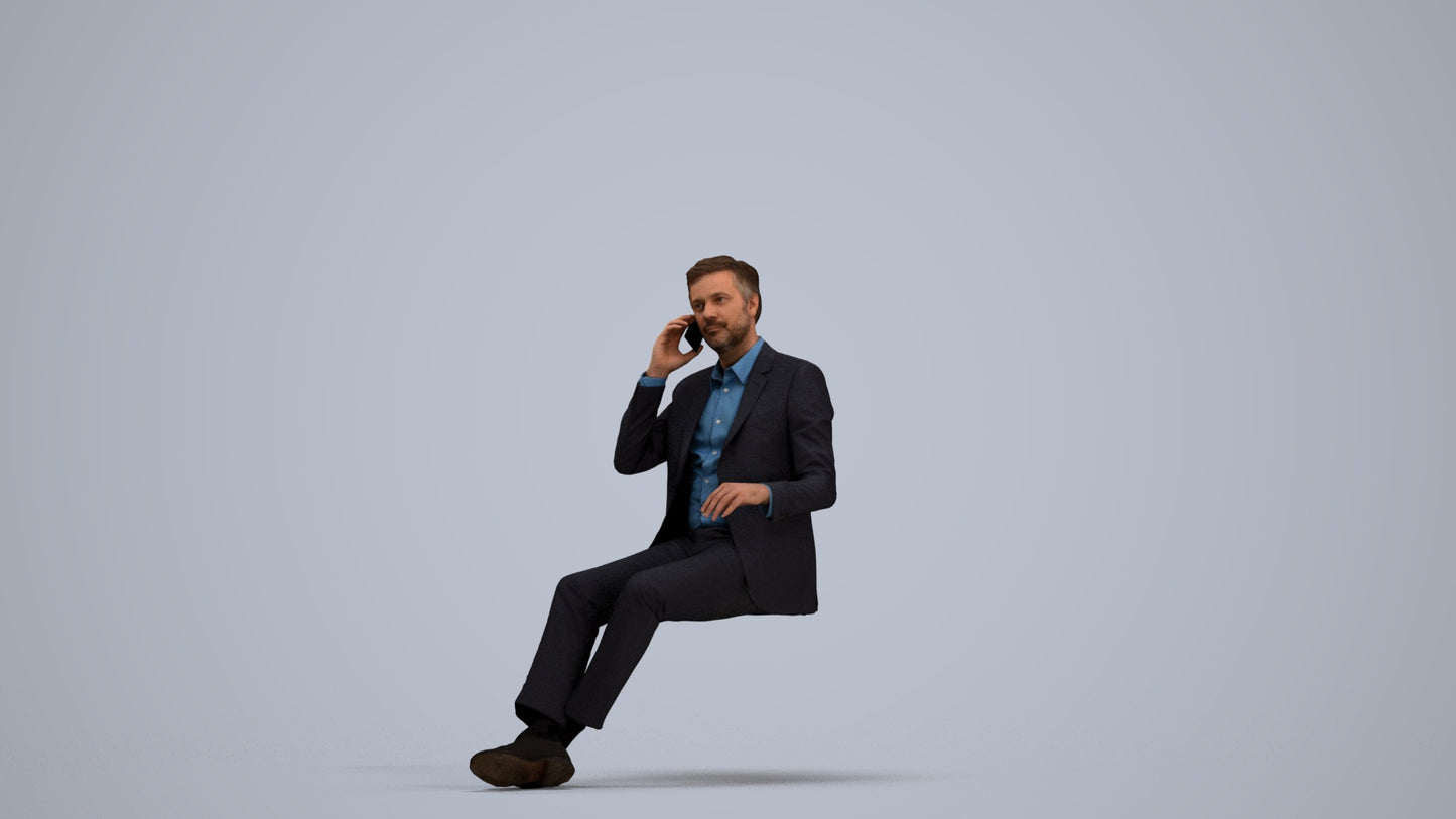 3D human model man business sitting, photogrammetry scanned person for archviz, standing pose render