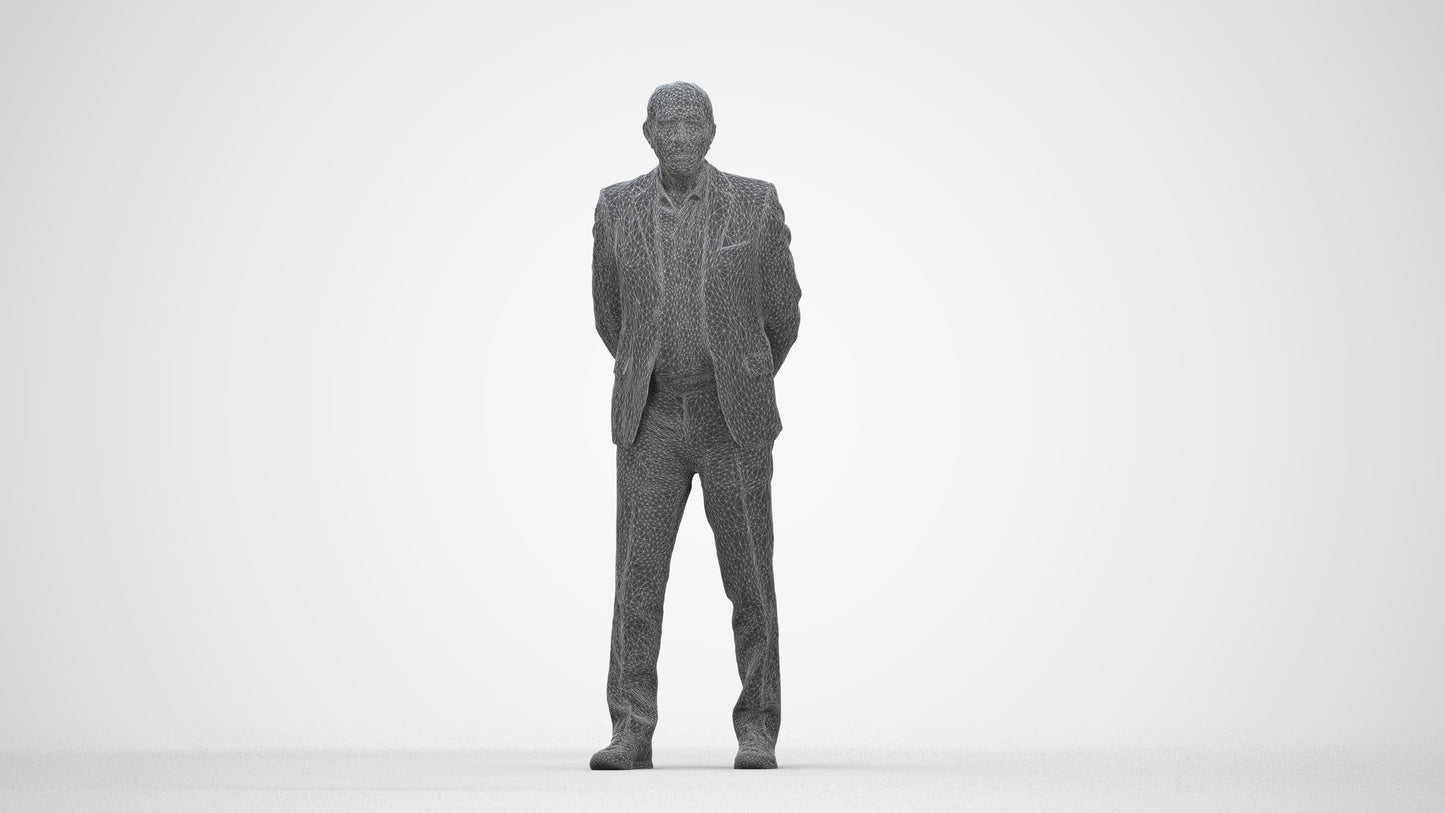 realistic 3D senior man business standing, scanned archviz people for Blender and 3ds Max, wireframe back view