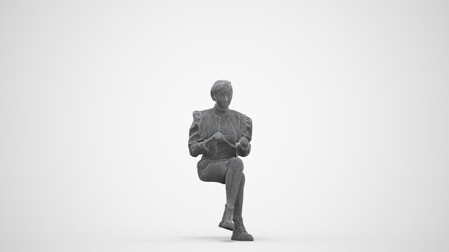 3D people model woman casual sitting, scanned human for 3ds Max rendering, three-quarter front view render