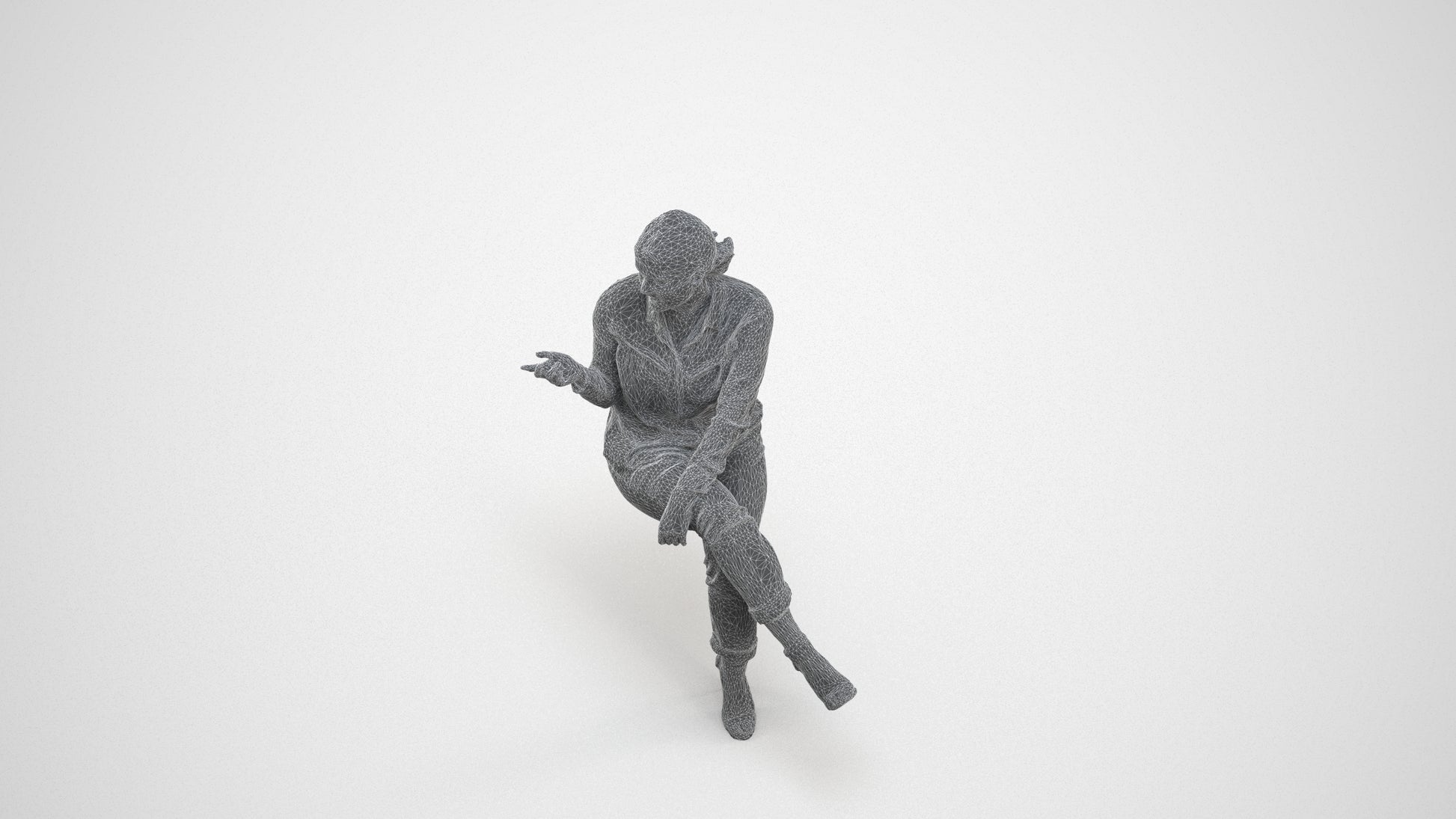 3D people model woman casual sitting, scanned human for 3ds Max rendering, wireframe three-quarter view