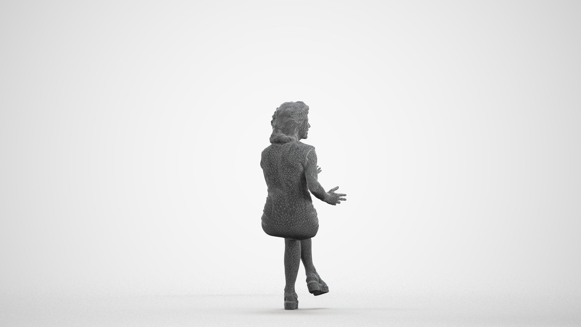 3D scanned woman sitting business, photorealistic archviz people for Enscape and SketchUp, wireframe front view