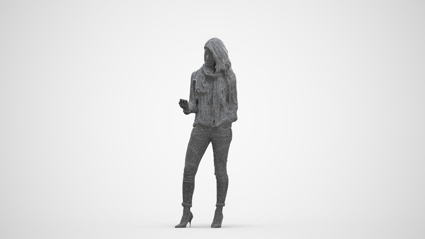 3D scanned woman standing casual, photorealistic archviz people for Enscape and SketchUp, three-quarter front view render