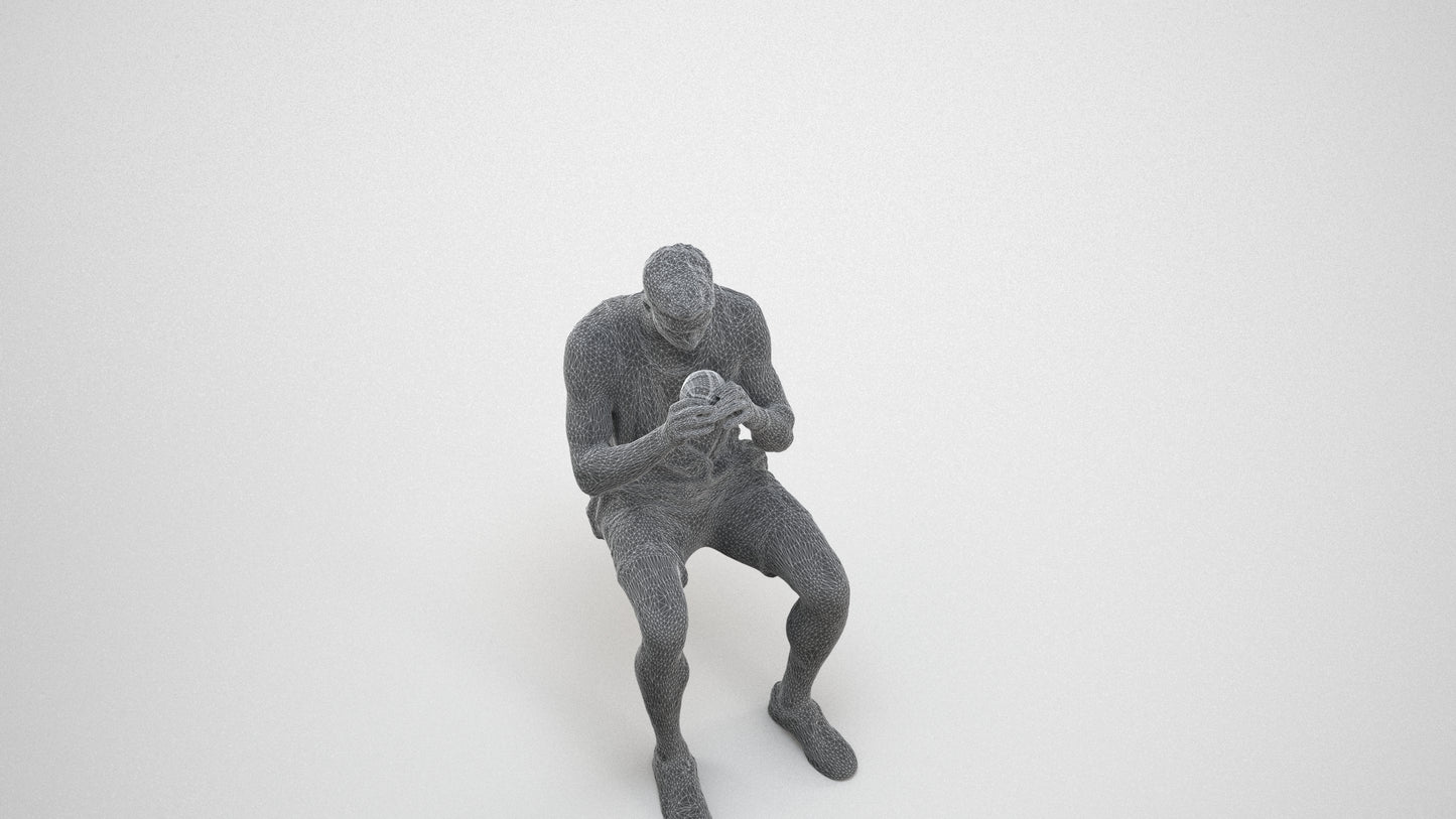 3D scanned man sitting casual, photorealistic archviz people for Enscape and SketchUp, wireframe three-quarter view
