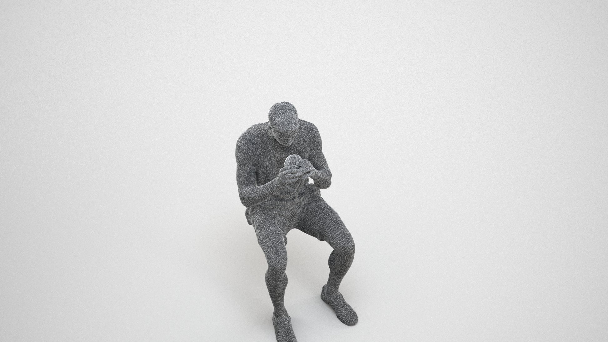 3D scanned man sitting casual, photorealistic archviz people for Enscape and SketchUp, wireframe three-quarter view