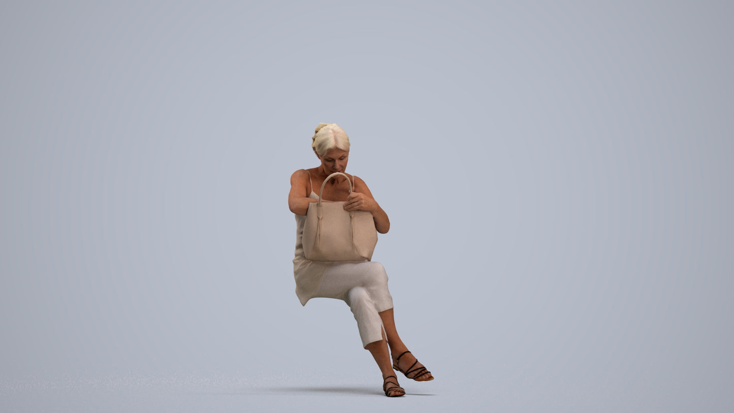 3D scanned senior woman sitting casual, photorealistic archviz people for Enscape and SketchUp, standing pose render