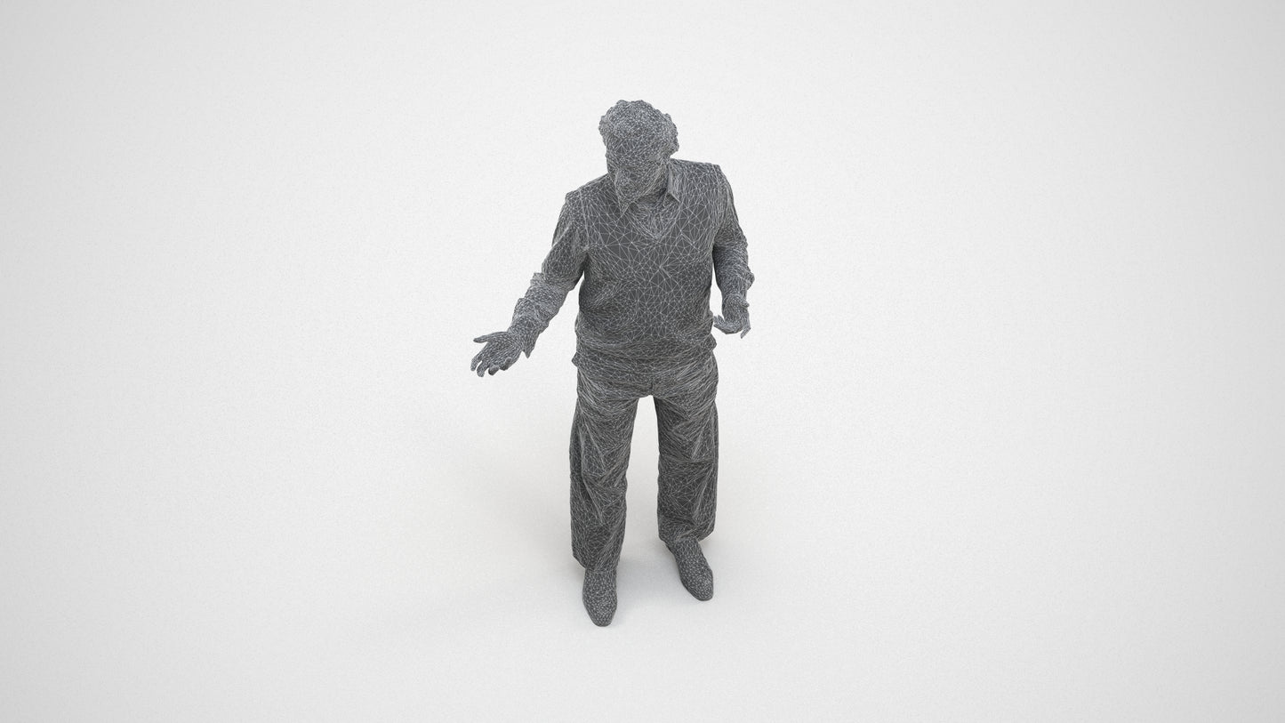 realistic 3D human man business standing, archviz people FBX OBJ for Blender, wireframe three-quarter view