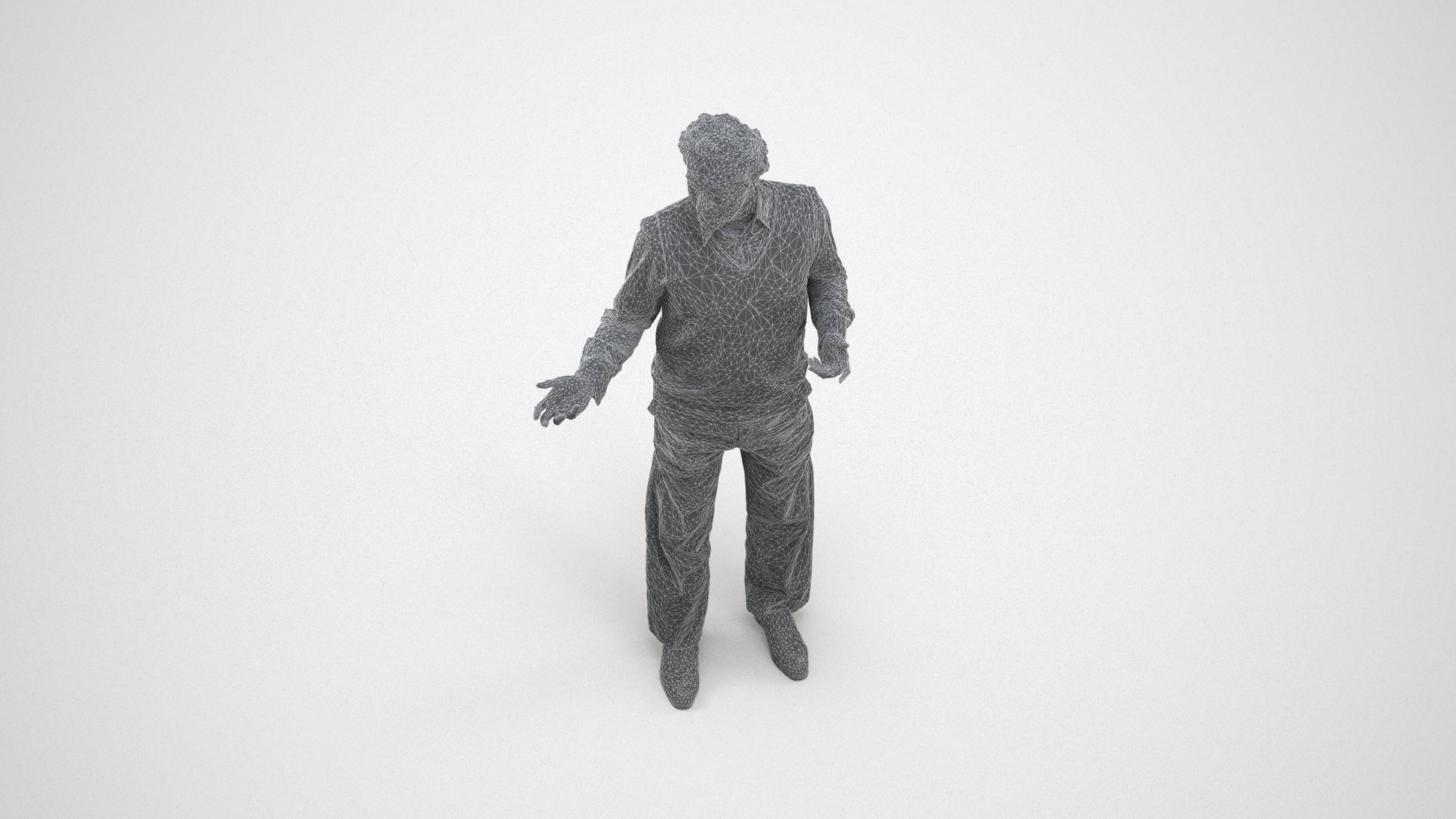 realistic 3D human man business standing, archviz people FBX OBJ for Blender, wireframe three-quarter view