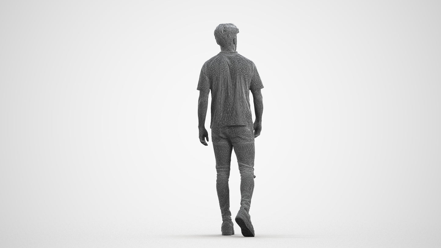 photogrammetry 3D man casual walking, realistic human model archviz FBX, wireframe front view