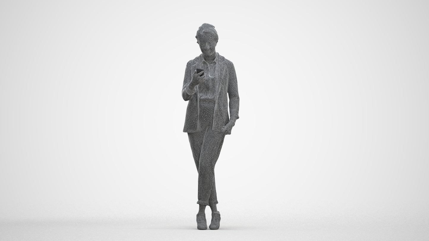 3D human model woman business, photogrammetry scanned person for archviz, three-quarter front view render