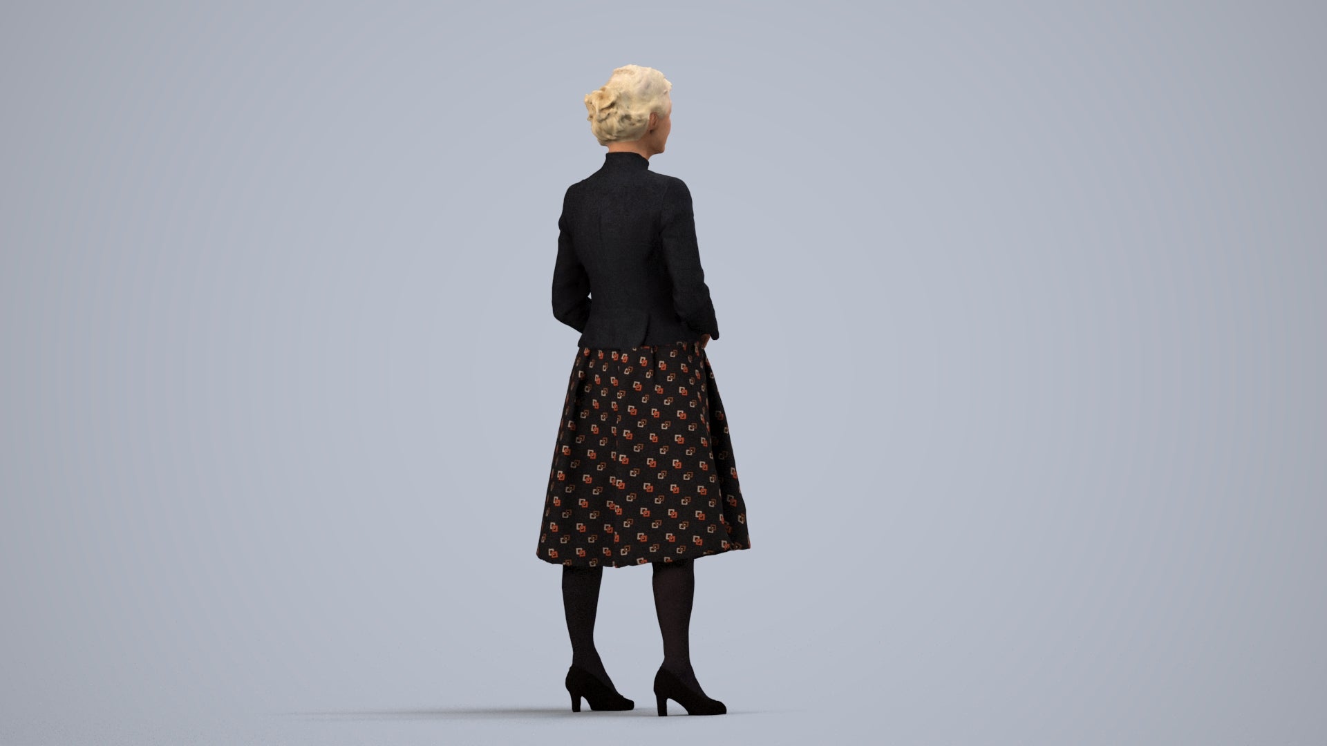 realistic 3D senior woman business standing, scanned archviz people for Blender and 3ds Max, side view render