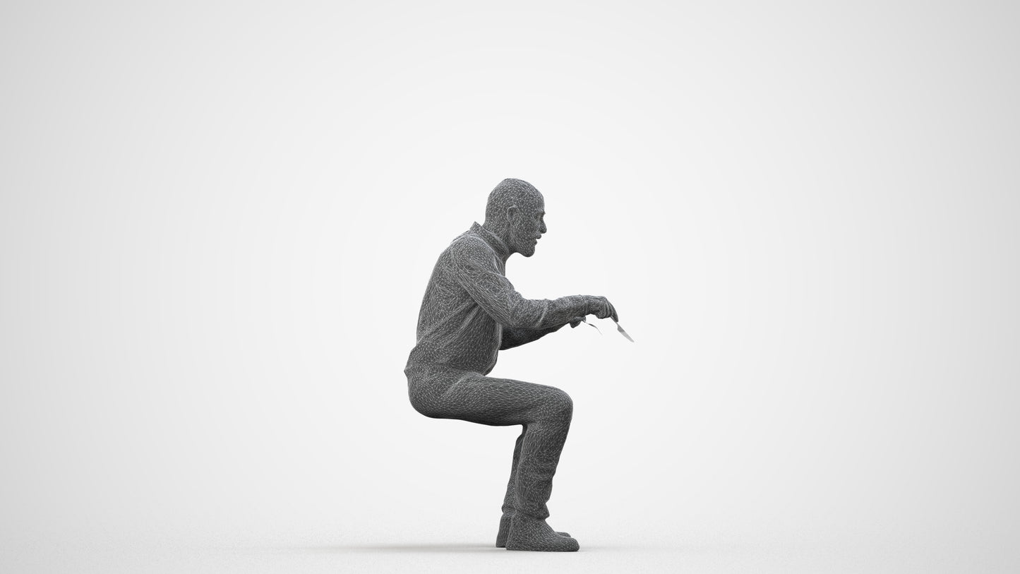 3D human model senior man casual sitting, photogrammetry scanned person for archviz, wireframe side view