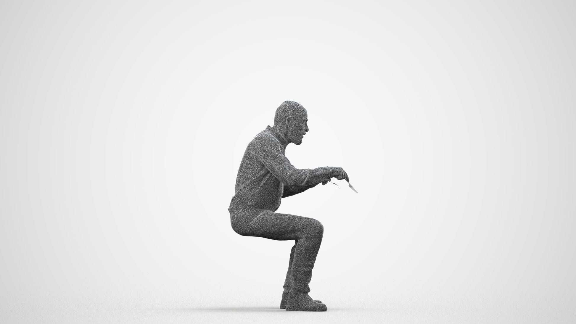 3D human model senior man casual sitting, photogrammetry scanned person for archviz, wireframe side view