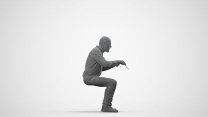 3D human model senior man casual sitting, photogrammetry scanned person for archviz, wireframe side view
