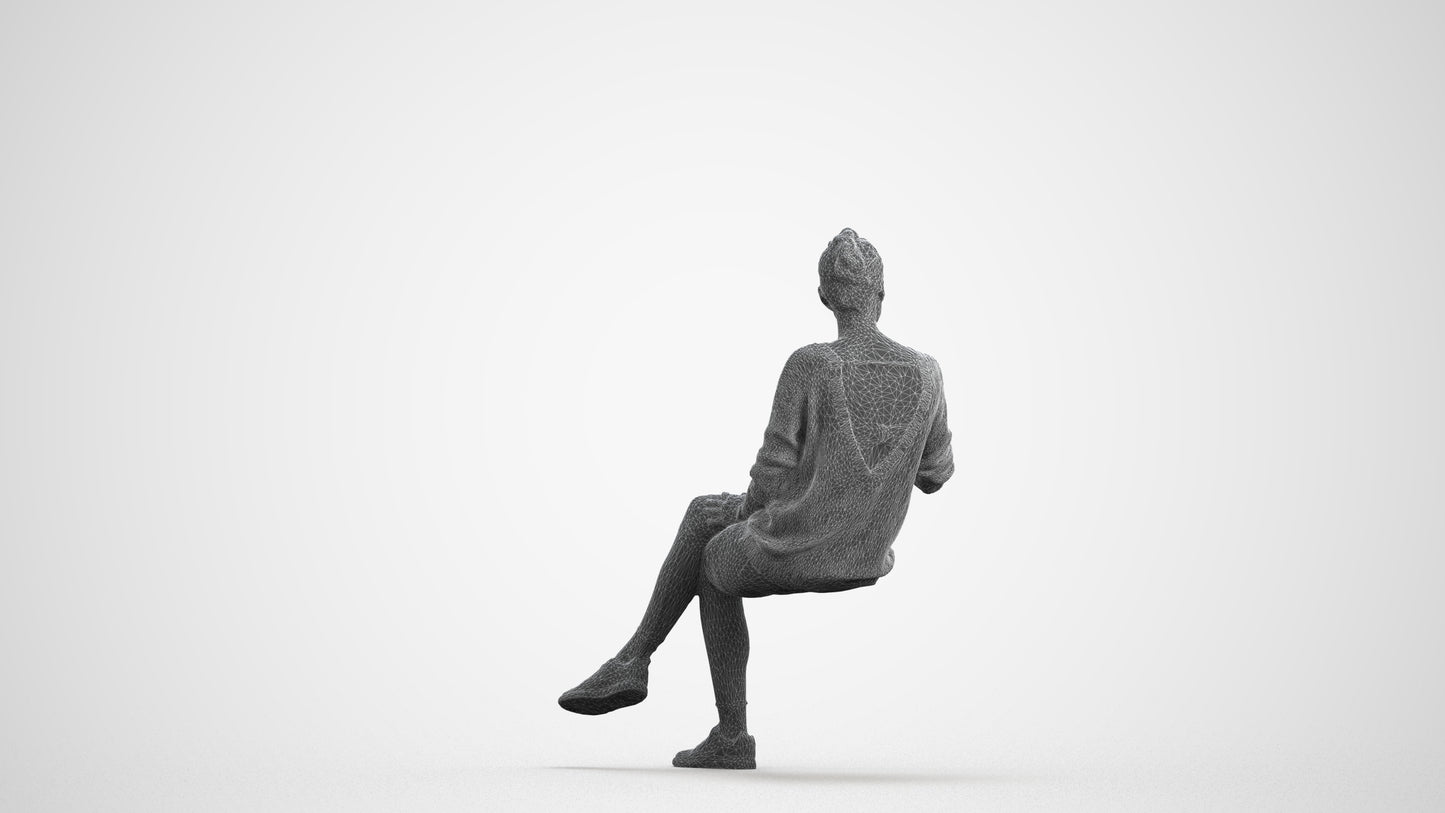 scanned 3D woman casual sitting, photogrammetry people for Enscape and V-Ray, wireframe front view