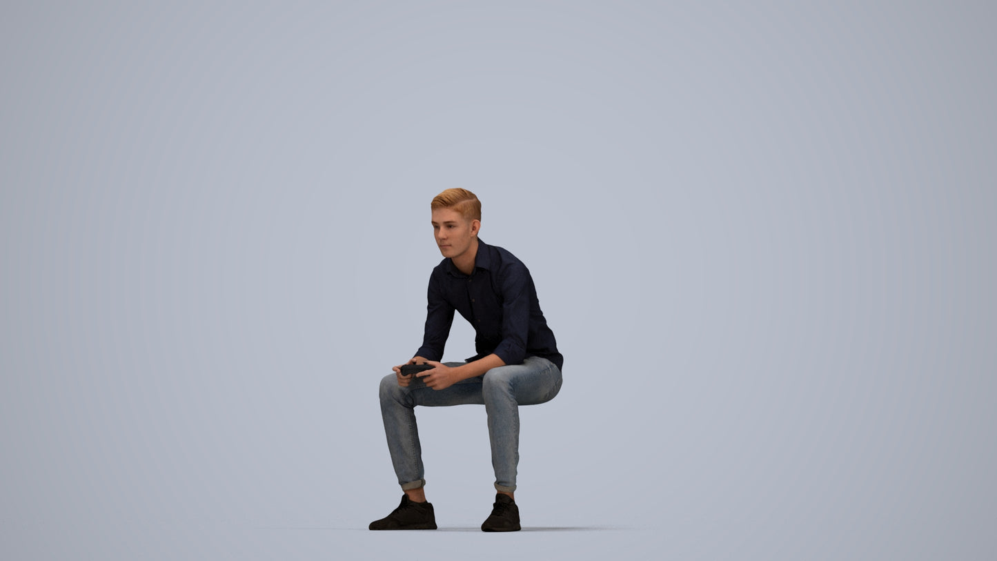 3D people model man casual sitting, scanned human for 3ds Max rendering, top-down view render