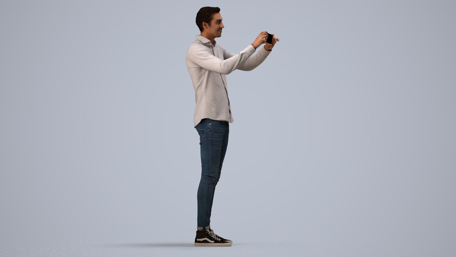 3D human model man casual standing, photogrammetry scanned person for archviz, side view render