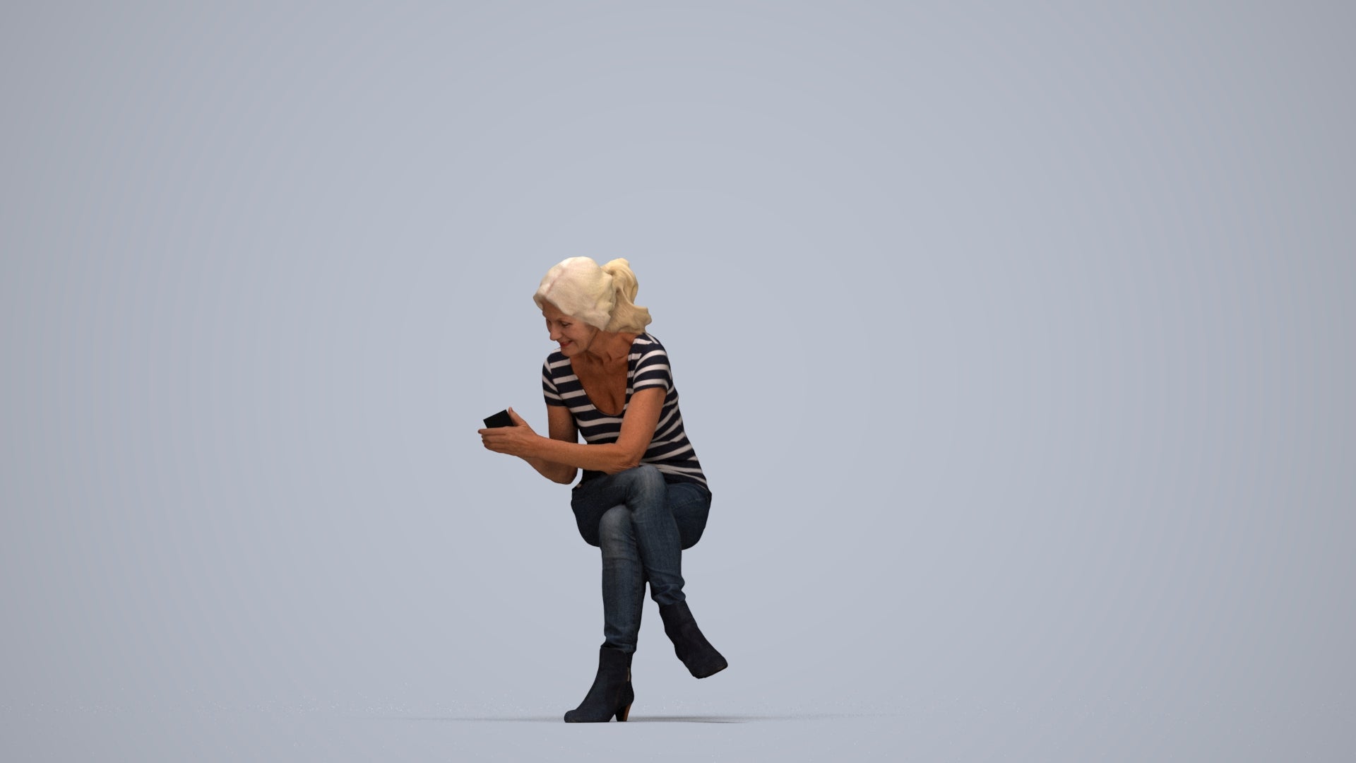 realistic 3D human senior woman casual sitting, archviz people FBX OBJ for Blender, top-down view render